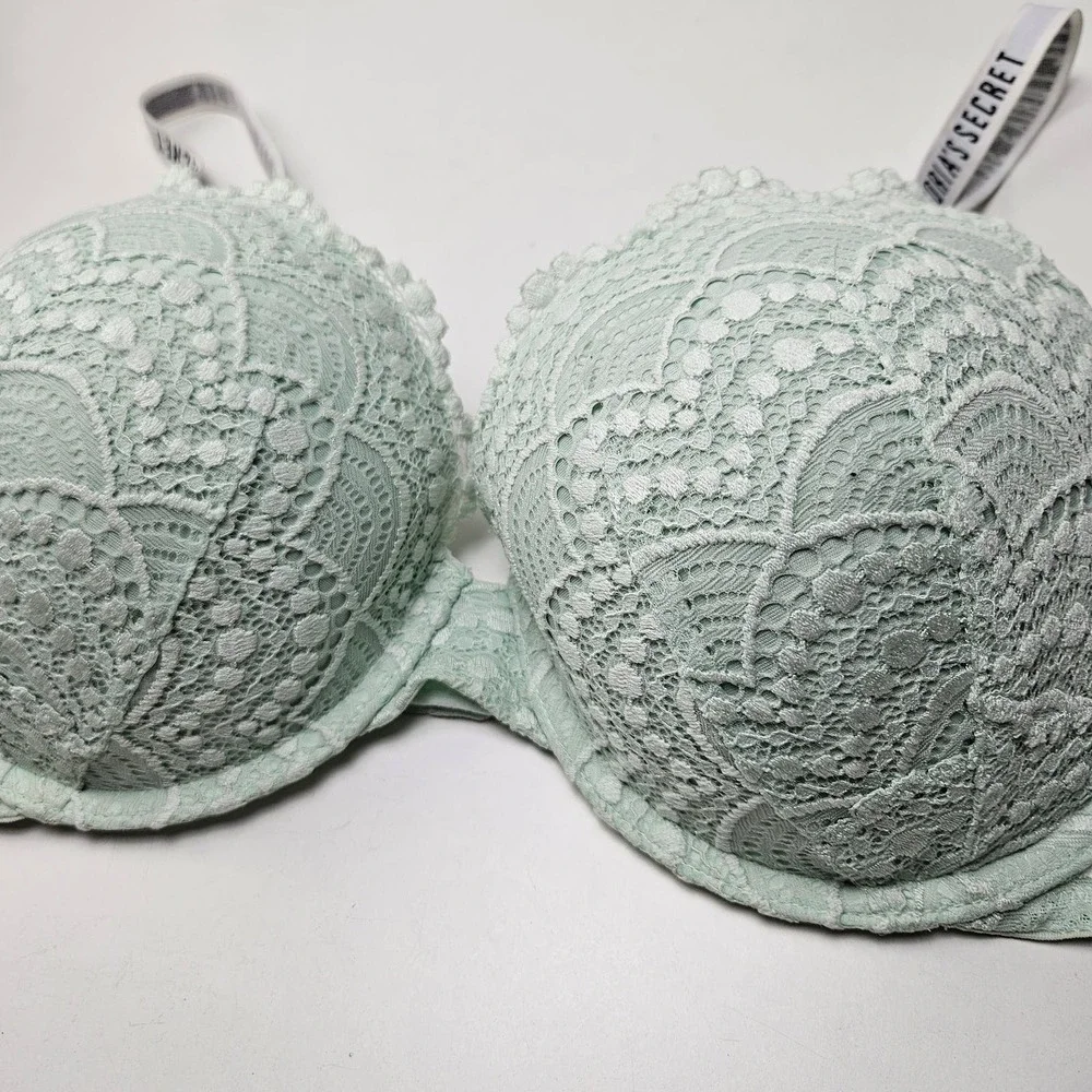 Victoria's‎ Secret T-Shirt Push Up Full Coverage Bra 36D Mint Lace Logo Straps
